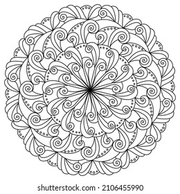 Abstract mandala with curls, meditative coloring page with curled lines vector illustration