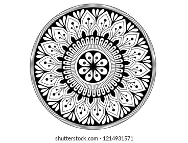 Abstract mandala. Decorative design element for yoga mat, cover, tapestry. Ornament in circle. Round floral pattern. Indian, turkish, arabic motifs. Bright ethnic arabesque. Vector illustration.