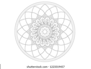 Abstract mandala. Decorative design element for yoga mat, cover, tapestry. Ornament in circle. Round floral pattern. Indian, turkish, arabic motifs. Bright ethnic arabesque. Vector illustration.