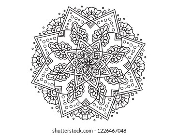 Abstract mandala. Decorative design element for yoga mat, cover, tapestry. Ornament in circle. Round floral pattern. Indian, turkish, arabic motifs. Bright ethnic arabesque. Vector illustration.