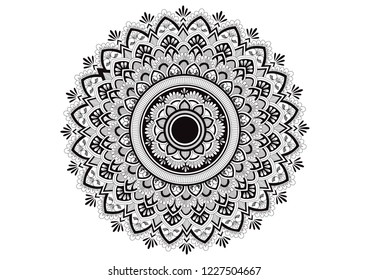 Abstract mandala. Decorative design element for yoga mat, cover, tapestry. Ornament in circle. Round floral pattern. Indian, turkish, arabic motifs. Bright ethnic arabesque. Vector illustration.