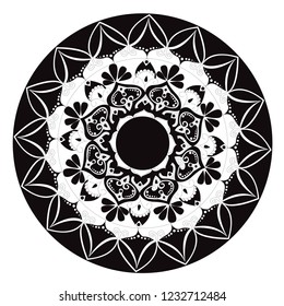 Abstract mandala. Decorative design element for yoga mat, cover, tapestry. Ornament in circle. Round floral pattern. Indian, turkish, arabic motifs. Bright ethnic arabesque. Vector illustration.