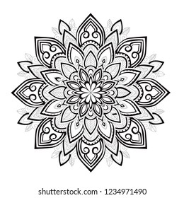 Abstract mandala. Decorative design element for yoga mat, cover, tapestry. Ornament in circle. Round floral pattern. Indian, turkish, arabic motifs. Bright ethnic arabesque. Vector illustration.