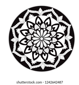 Abstract mandala. Decorative design element for yoga mat, cover, tapestry. Ornament in circle. Round floral pattern. Indian, turkish, arabic motifs. Bright ethnic arabesque. Vector illustration.