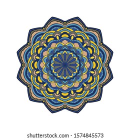 Abstract mandala. Decorative design element for yoga mat, cover, tapestry. Ornament in circle. Round floral pattern. Indian, turkish, arabic motifs. Bright ethnic arabesque. Vector illustration. 