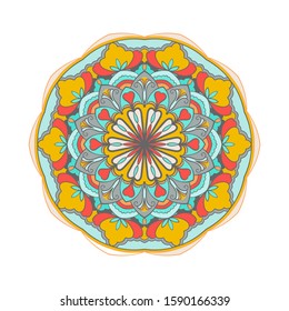 Abstract mandala. Decorative design element for yoga mat, cover, tapestry. Ornament in circle. Round floral pattern. Indian, turkish, arabic motifs. Bright ethnic arabesque. Vector illustration.