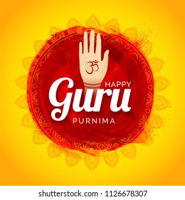 Abstraktes Mandala-Design mit Hand auf leuchtend gelbem Hintergrund für die Feier des indischen und nepalesischen Festivals Guru purnima.