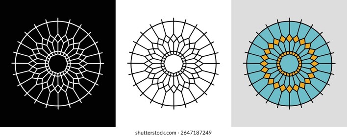 Abstraktes Mandala-Design mit einfachen Linien und hellen Farblichtern für lebendige moderne Dekoration.