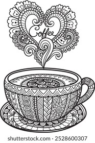 Abstract mandala doodle coffee cup for design element, engraving, adult coloring page. Vector illustration.