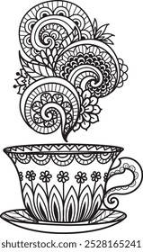 Abstract mandala doodle coffee or tea cup for design element, engraving, adult coloring page. Vector illustration.