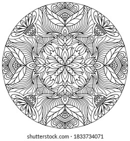 Mandala abstracta dibujada con flores y adornos lineales sobre un fondo blanco para colorear, vectores, colorear páginas de libros