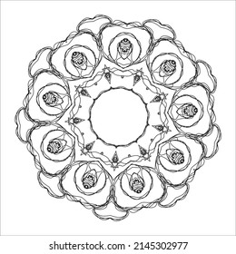 Resumen mandala, elemento étnico floral. Dibujo de contorno lineal. Ilustración de vectores dibujada a mano aislada en un fondo blanco