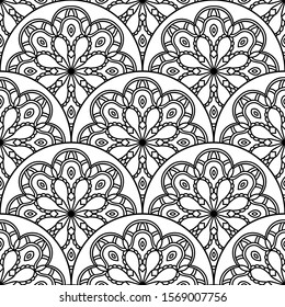 Abstract mandala fish scale seamless pattern. Ornamental tile, mosaic background. Floral patchwork infinity card. Arabic, Indian, ottoman motifs. Vector illustration. 