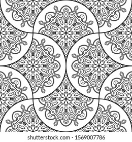 Abstract mandala fish scale seamless pattern. Ornamental tile, mosaic background. Floral patchwork infinity card. Arabic, Indian, ottoman motifs. Vector illustration. 