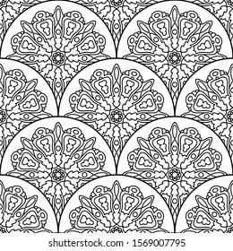 Abstract mandala fish scale seamless pattern. Ornamental tile, mosaic background. Floral patchwork infinity card. Arabic, Indian, ottoman motifs. Vector illustration. 