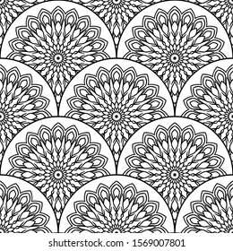 Abstract mandala fish scale seamless pattern. Ornamental tile, mosaic background. Floral patchwork infinity card. Arabic, Indian, ottoman motifs. Vector illustration. 