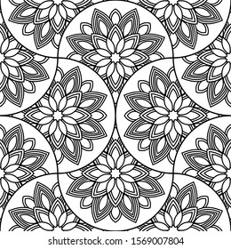 Abstract mandala fish scale seamless pattern. Ornamental tile, mosaic background. Floral patchwork infinity card. Arabic, Indian, ottoman motifs. Vector illustration. 