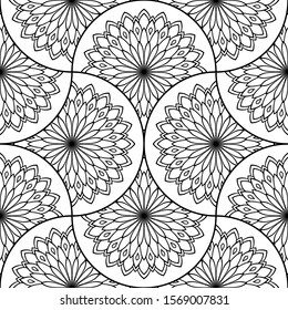 Abstract mandala fish scale seamless pattern. Ornamental tile, mosaic background. Floral patchwork infinity card. Arabic, Indian, ottoman motifs. Vector illustration. 