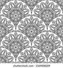 Abstract mandala fish scale seamless pattern. Ornamental tile, mosaic background. Floral patchwork infinity card. Arabic, Indian, ottoman motifs. Vector illustration. 