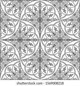 Abstract mandala fish scale seamless pattern. Ornamental tile, mosaic background. Floral patchwork infinity card. Arabic, Indian, ottoman motifs. Vector illustration. 