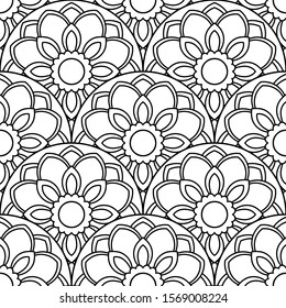 Abstract mandala fish scale seamless pattern. Ornamental tile, mosaic background. Floral patchwork infinity card. Arabic, Indian, ottoman motifs. Vector illustration. 