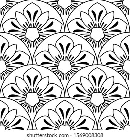 Abstract mandala fish scale seamless pattern. Ornamental tile, mosaic background. Floral patchwork infinity card. Arabic, Indian, ottoman motifs. Vector illustration. 