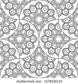Abstract mandala fish scale seamless pattern. Ornamental tile, mosaic background. Floral patchwork infinity card. Arabic, Indian, ottoman motifs. Vector illustration.   