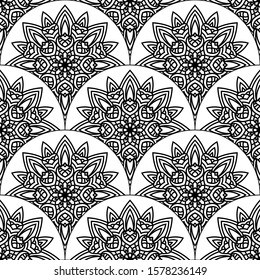 Abstract mandala fish scale seamless pattern. Ornamental tile, mosaic background. Floral patchwork infinity card. Arabic, Indian, ottoman motifs. Vector illustration.   