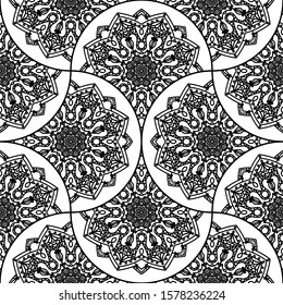 Abstract mandala fish scale seamless pattern. Ornamental tile, mosaic background. Floral patchwork infinity card. Arabic, Indian, ottoman motifs. Vector illustration.   