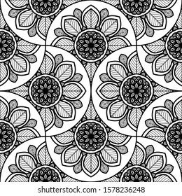 Abstract mandala fish scale seamless pattern. Ornamental tile, mosaic background. Floral patchwork infinity card. Arabic, Indian, ottoman motifs. Vector illustration.   
