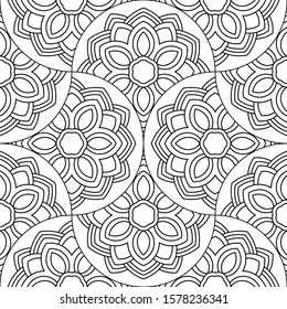 Abstract mandala fish scale seamless pattern. Ornamental tile, mosaic background. Floral patchwork infinity card. Arabic, Indian, ottoman motifs. Vector illustration.   