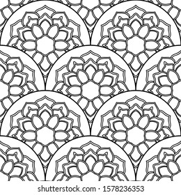 Abstract mandala fish scale seamless pattern. Ornamental tile, mosaic background. Floral patchwork infinity card. Arabic, Indian, ottoman motifs. Vector illustration.   