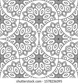Abstract mandala fish scale seamless pattern. Ornamental tile, mosaic background. Floral patchwork infinity card. Arabic, Indian, ottoman motifs. Vector illustration.   