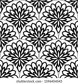Abstract mandala fish scale seamless pattern. Ornamental tile, mosaic background. Floral patchwork infinity card. Arabic, Indian, ottoman motifs. Vector illustration. 