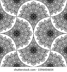 Abstract mandala fish scale seamless pattern. Ornamental tile, mosaic background. Floral patchwork infinity card. Arabic, Indian, ottoman motifs. Vector illustration. 