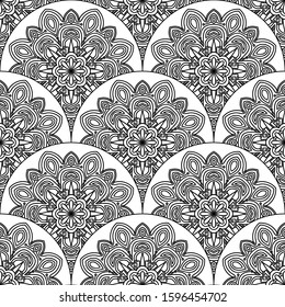 Abstract mandala fish scale seamless pattern. Ornamental tile, mosaic background. Floral patchwork infinity card. Arabic, Indian, ottoman motifs. Vector illustration. 