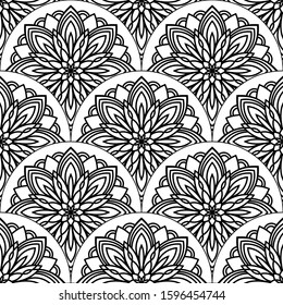 Abstract mandala fish scale seamless pattern. Ornamental tile, mosaic background. Floral patchwork infinity card. Arabic, Indian, ottoman motifs. Vector illustration. 