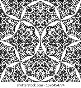 Abstract mandala fish scale seamless pattern. Ornamental tile, mosaic background. Floral patchwork infinity card. Arabic, Indian, ottoman motifs. Vector illustration. 