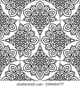 Abstract mandala fish scale seamless pattern. Ornamental tile, mosaic background. Floral patchwork infinity card. Arabic, Indian, ottoman motifs. Vector illustration. 