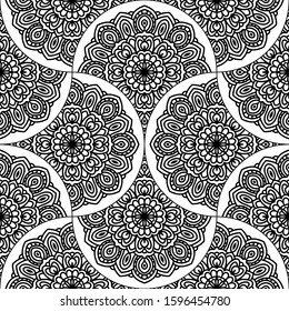 Abstract mandala fish scale seamless pattern. Ornamental tile, mosaic background. Floral patchwork infinity card. Arabic, Indian, ottoman motifs. Vector illustration. 