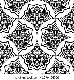 Abstract mandala fish scale seamless pattern. Ornamental tile, mosaic background. Floral patchwork infinity card. Arabic, Indian, ottoman motifs. Vector illustration. 