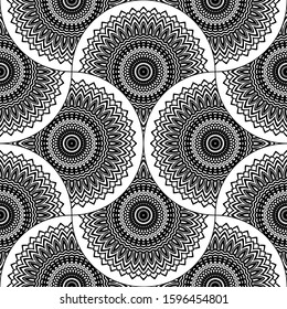 Abstract mandala fish scale seamless pattern. Ornamental tile, mosaic background. Floral patchwork infinity card. Arabic, Indian, ottoman motifs. Vector illustration. 