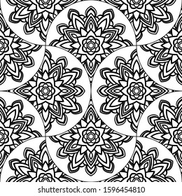 Abstract mandala fish scale seamless pattern. Ornamental tile, mosaic background. Floral patchwork infinity card. Arabic, Indian, ottoman motifs. Vector illustration. 