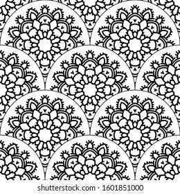 Abstract mandala fish scale seamless pattern. Ornamental tile, mosaic background. Floral patchwork infinity card. Arabic, Indian, ottoman motifs. Vector illustration.  