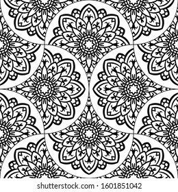 Abstract mandala fish scale seamless pattern. Ornamental tile, mosaic background. Floral patchwork infinity card. Arabic, Indian, ottoman motifs. Vector illustration.  