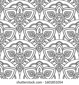 Abstract mandala fish scale seamless pattern. Ornamental tile, mosaic background. Floral patchwork infinity card. Arabic, Indian, ottoman motifs. Vector illustration.  