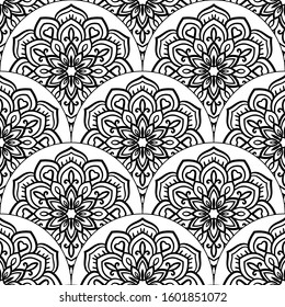 Abstract mandala fish scale seamless pattern. Ornamental tile, mosaic background. Floral patchwork infinity card. Arabic, Indian, ottoman motifs. Vector illustration.  