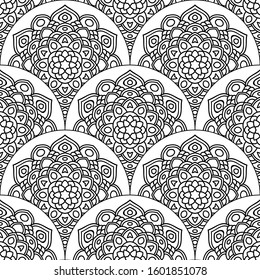 Abstract mandala fish scale seamless pattern. Ornamental tile, mosaic background. Floral patchwork infinity card. Arabic, Indian, ottoman motifs. Vector illustration.  