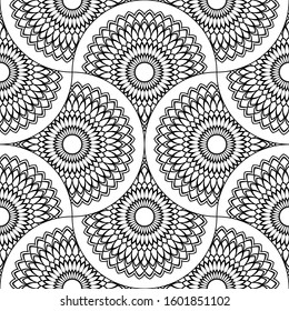Abstract mandala fish scale seamless pattern. Ornamental tile, mosaic background. Floral patchwork infinity card. Arabic, Indian, ottoman motifs. Vector illustration.  