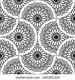 Abstract mandala fish scale seamless pattern. Ornamental tile, mosaic background. Floral patchwork infinity card. Arabic, Indian, ottoman motifs. Vector illustration.  